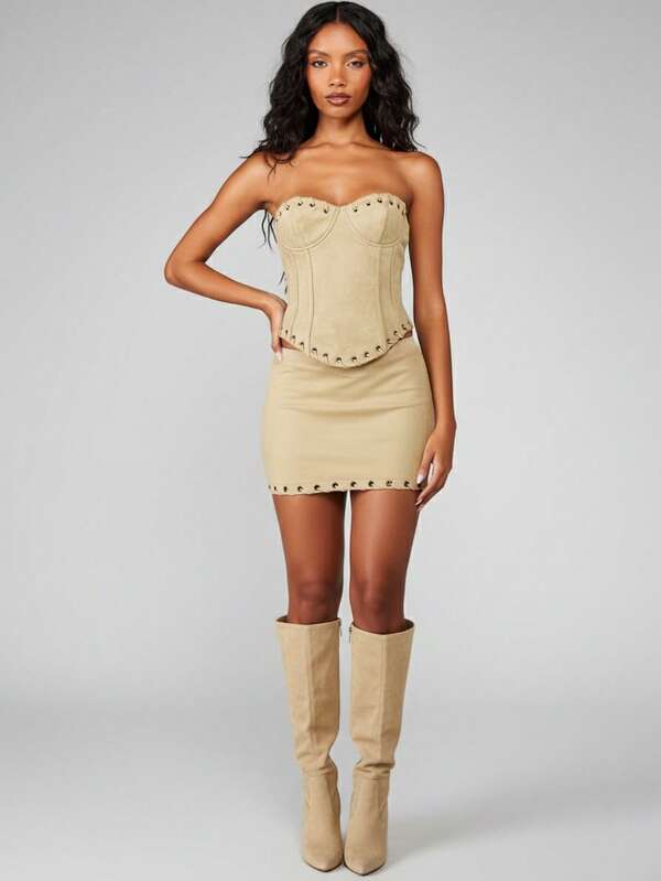 Missguided MISSGUIDED Lace Up Corset Velvet Mini Skirt Two-Piece Outfit