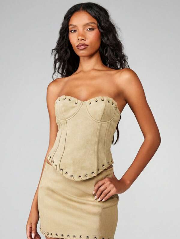 missguided MISSGUIDED Lace Up Corset Velvet Mini Skirt Two-Piece Outfit
