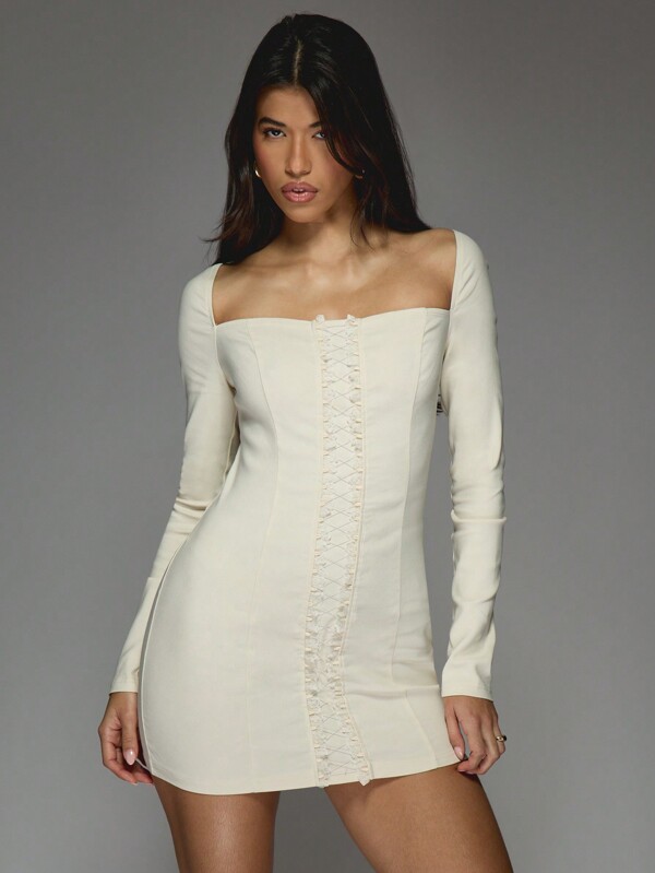 missguided MISSGUIDED Lace Up Detail Wide Square Neck Long Sleeves Mini Dress