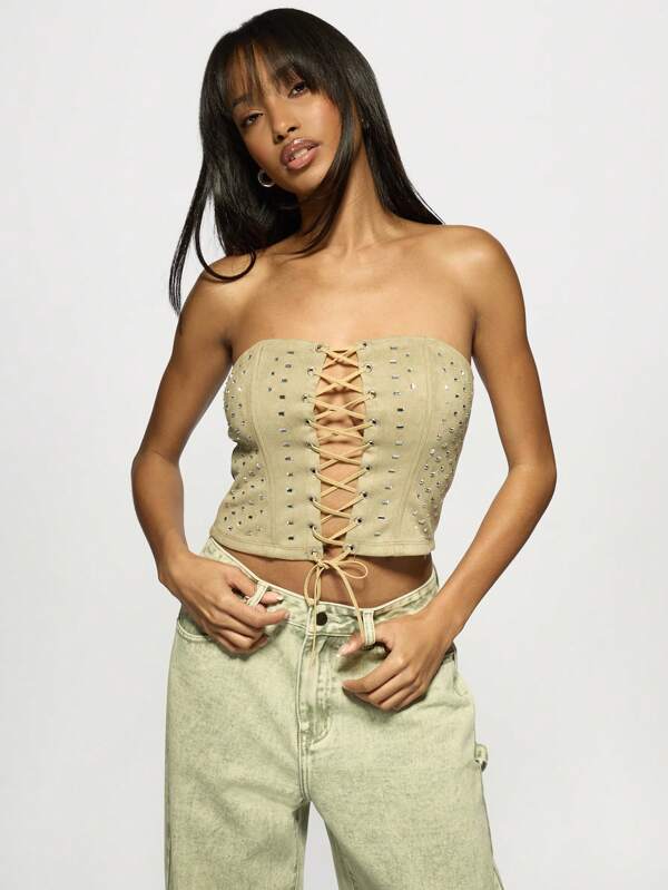 missguided MISSGUIDED Lace Up Front Studded Corset Crop Top