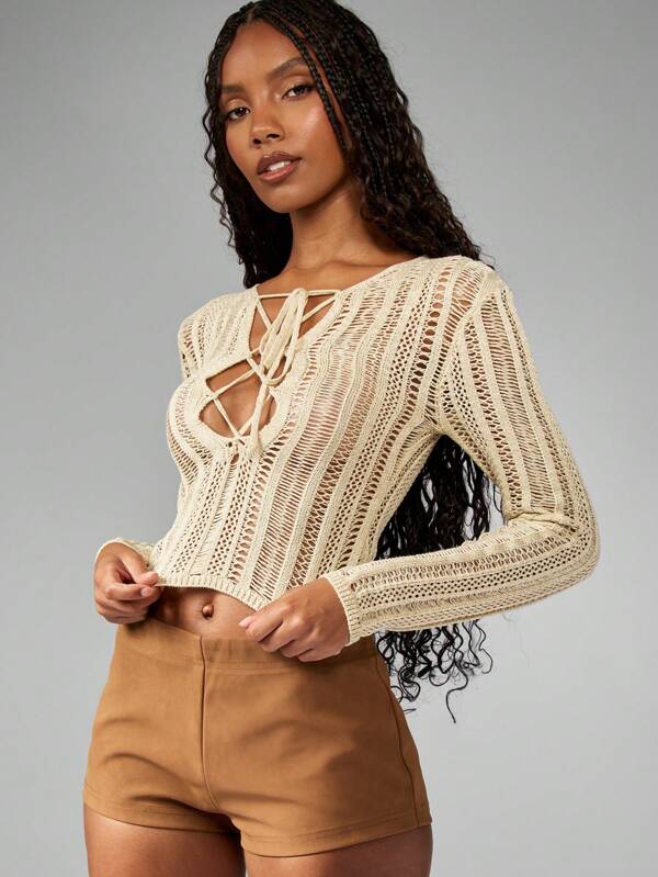 missguided MISSGUIDED Lace Up Laddered Knit Plunge Crop Long Sleeve Sweater