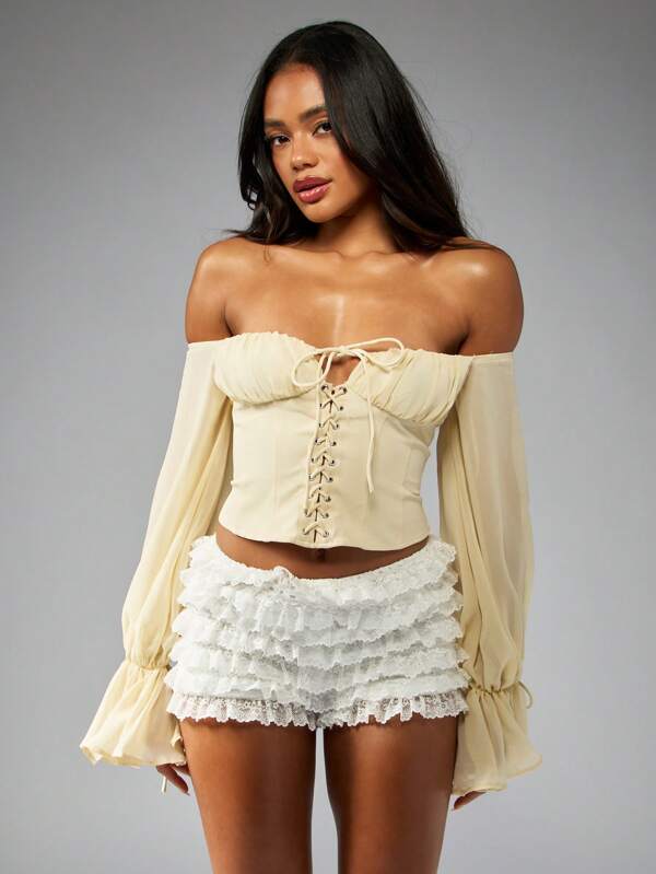 missguided MISSGUIDED Lace Up Milkmaid Corset Top With Ruched Puff Sleeves