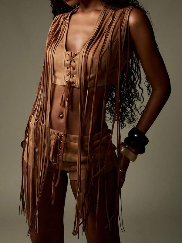 Missguided MISSGUIDED Lace Up Suede Fringed Waistcoat And Short Two Piece Set