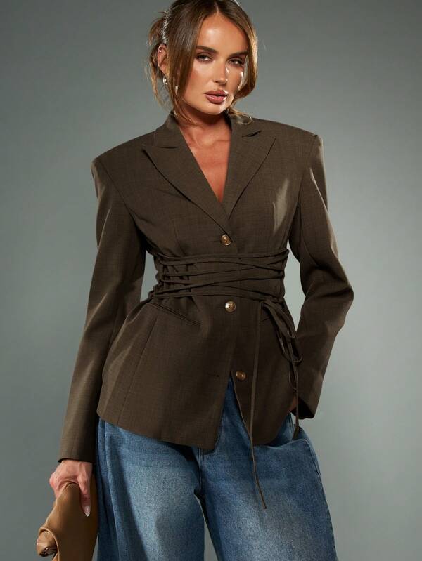 missguided MISSGUIDED Lace Up Tie Waist Blazer With Belt