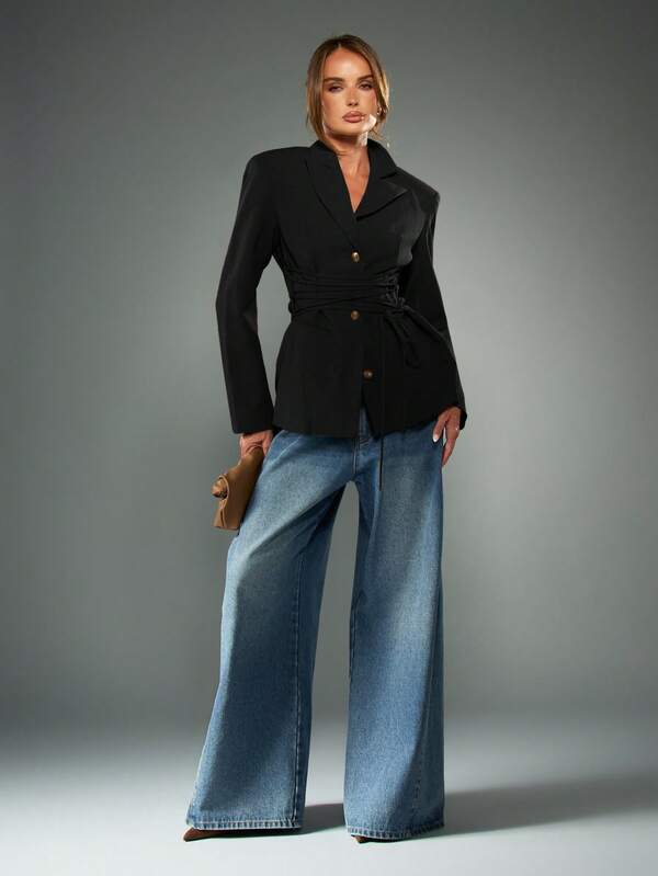 Missguided MISSGUIDED Lace Up Tie Waist Double Breasted Blazer