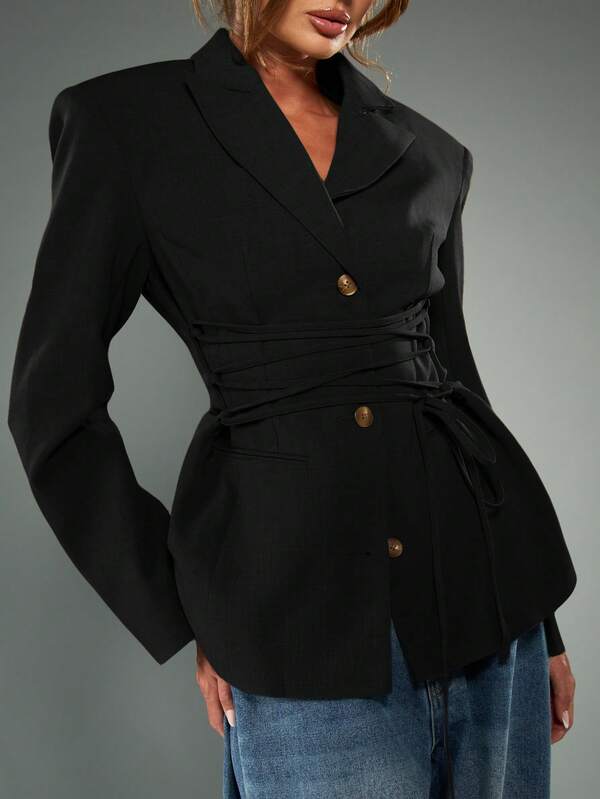 Missguided MISSGUIDED Lace Up Tie Waist Double Breasted Blazer
