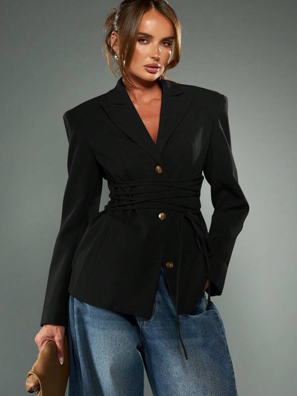 missguided MISSGUIDED Lace Up Tie Waist Double Breasted Blazer