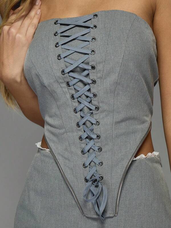 Missguided MISSGUIDED Lace Up Zip Closure Bandeau Top