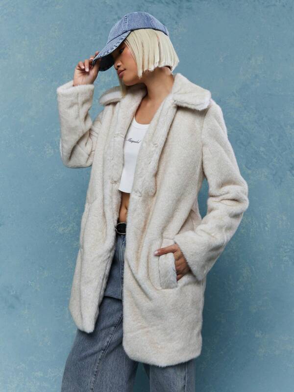 missguided MISSGUIDED Lapel Collar Fluffy Long Coat With Pockets Winter Wear