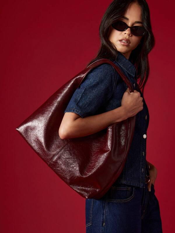 Missguided MISSGUIDED Large Patent Leather Hobo Bag With Center Seam