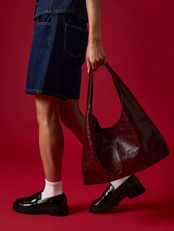 Missguided MISSGUIDED Large Patent Leather Hobo Bag With Center Seam