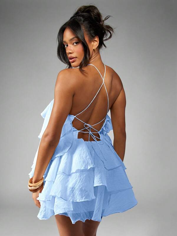 Missguided MISSGUIDED Layered Ruffle Backless Halter Neck Mini Dress