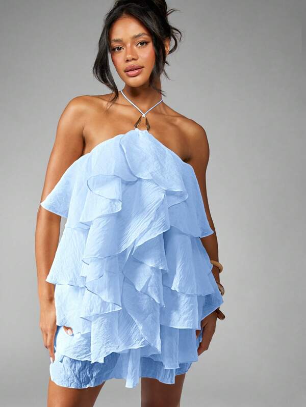 missguided MISSGUIDED Layered Ruffle Backless Halter Neck Mini Dress