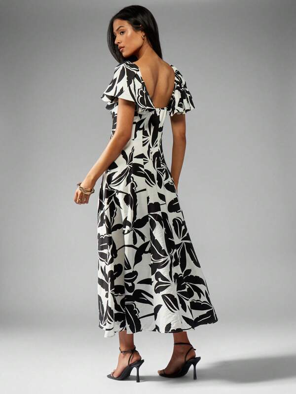 Missguided MISSGUIDED Leaf Print Linen Ruffle And Seam Detail Midi Dress
