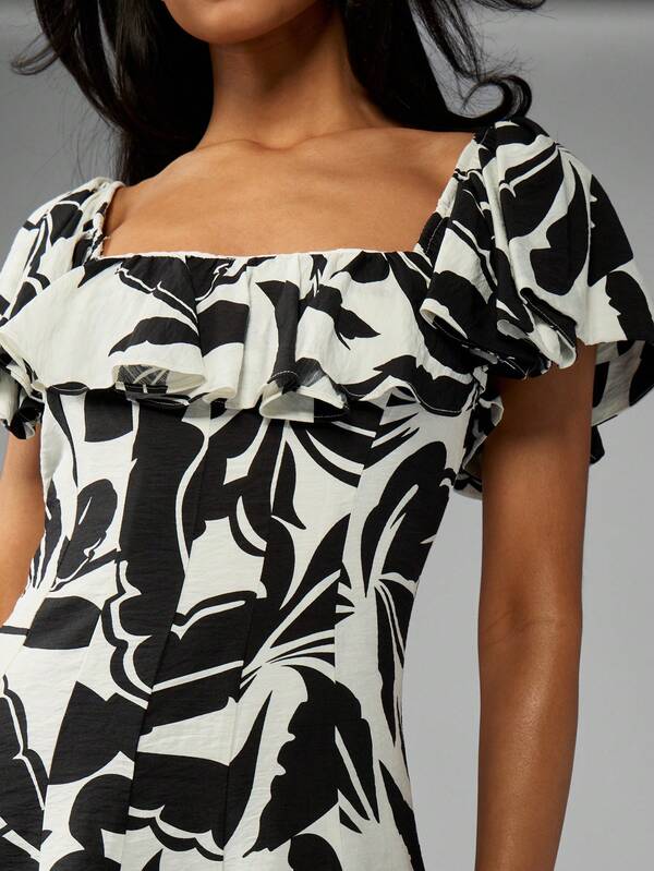 Missguided MISSGUIDED Leaf Print Linen Ruffle And Seam Detail Midi Dress