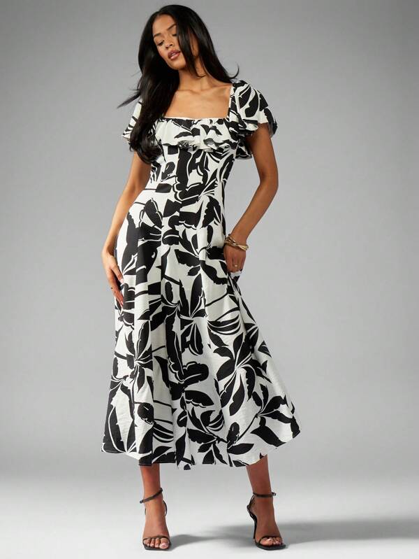missguided MISSGUIDED Leaf Print Linen Ruffle And Seam Detail Midi Dress
