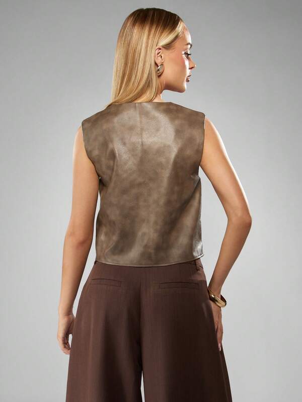 Missguided MISSGUIDED Leather Button Up Vest With V Neck