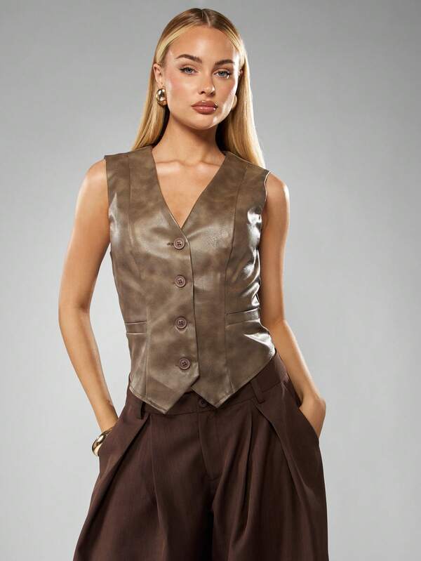 missguided MISSGUIDED Leather Button Up Vest With V Neck