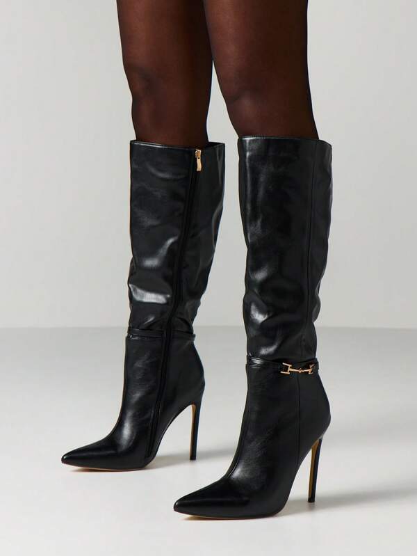 missguided MISSGUIDED Leather Knee High Stiletto Boots With Chain Detail