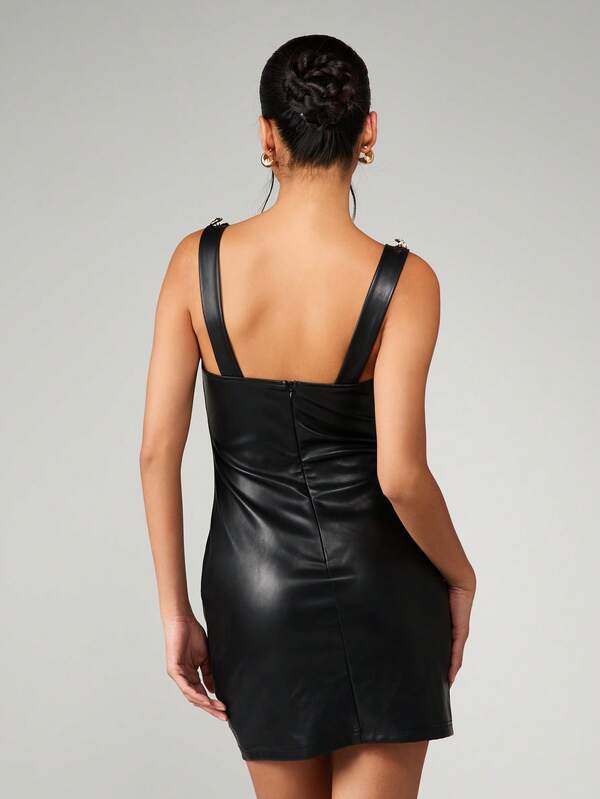Missguided MISSGUIDED Leather Mini Dress With Gold Button Straps