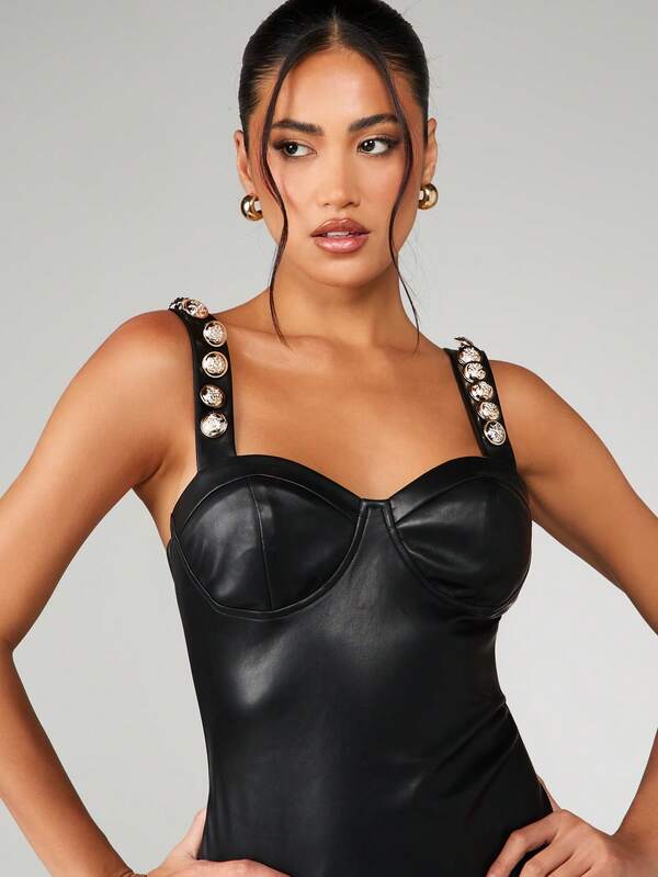 Missguided MISSGUIDED Leather Mini Dress With Gold Button Straps