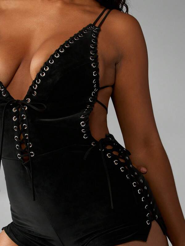 Missguided MISSGUIDED Leather Romper With Lace Up Details And Chain