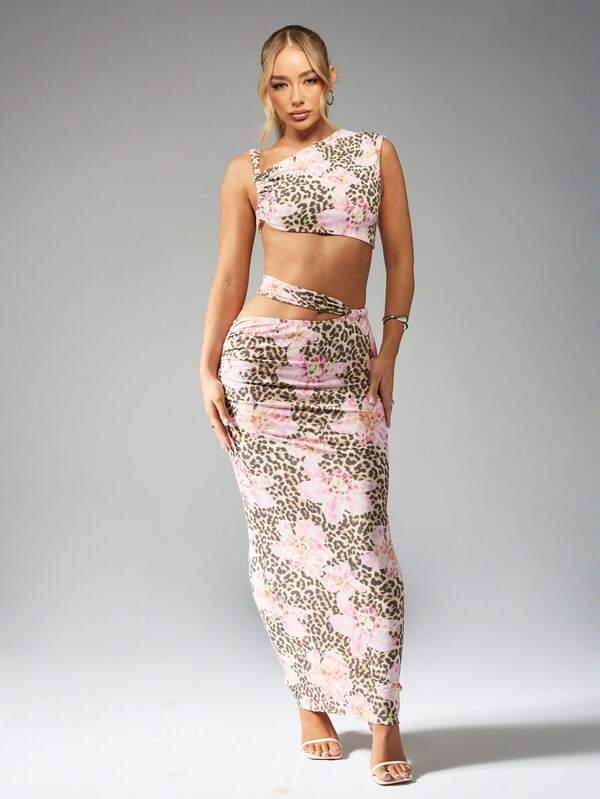 Missguided MISSGUIDED Leopard Floral Print Backless Cut Out Tie Detail Two Piece Set