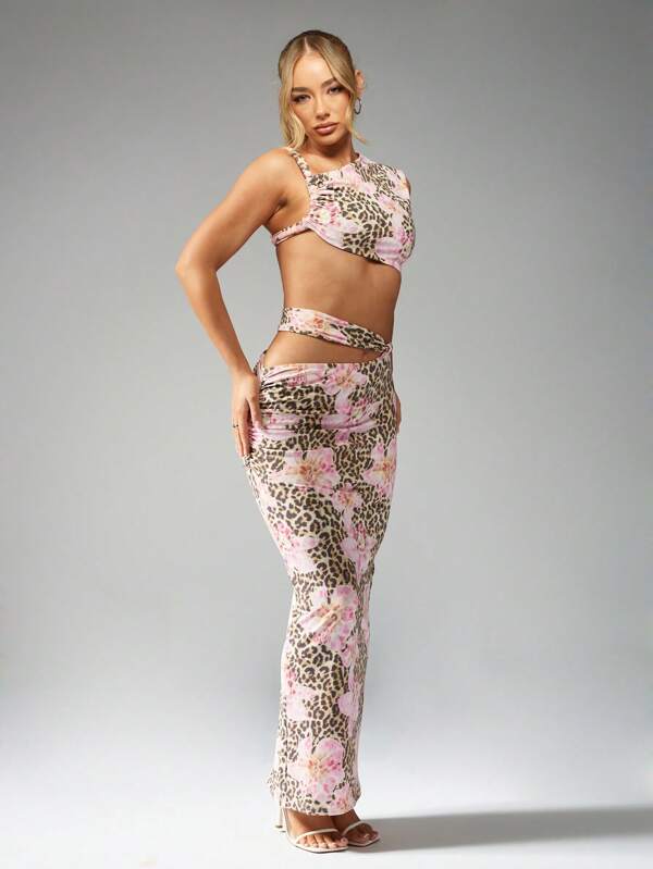 missguided MISSGUIDED Leopard Floral Print Backless Cut Out Tie Detail Two Piece Set