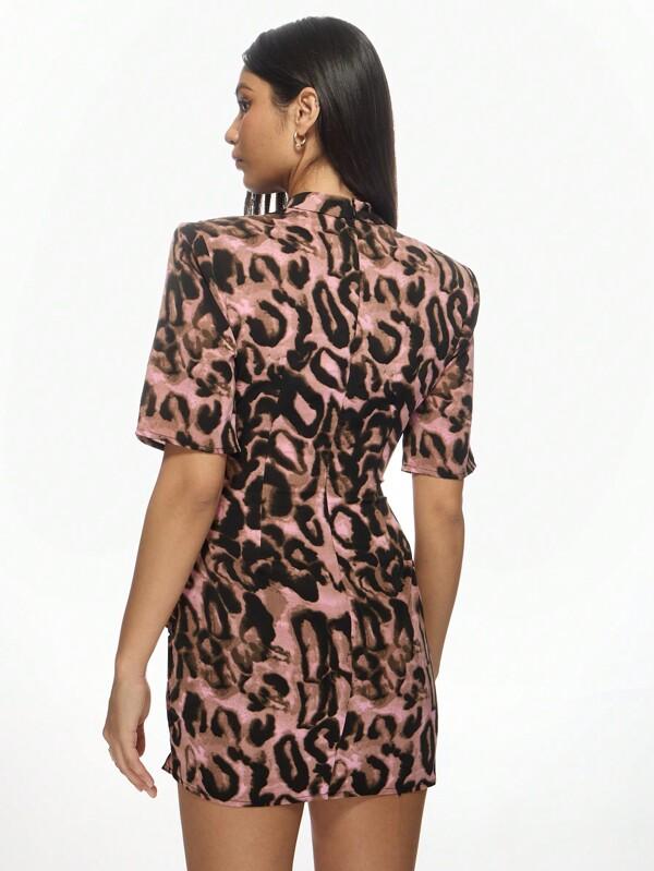 Missguided MISSGUIDED Leopard Print Bodycon Mini Dress High Neck Ruched Side