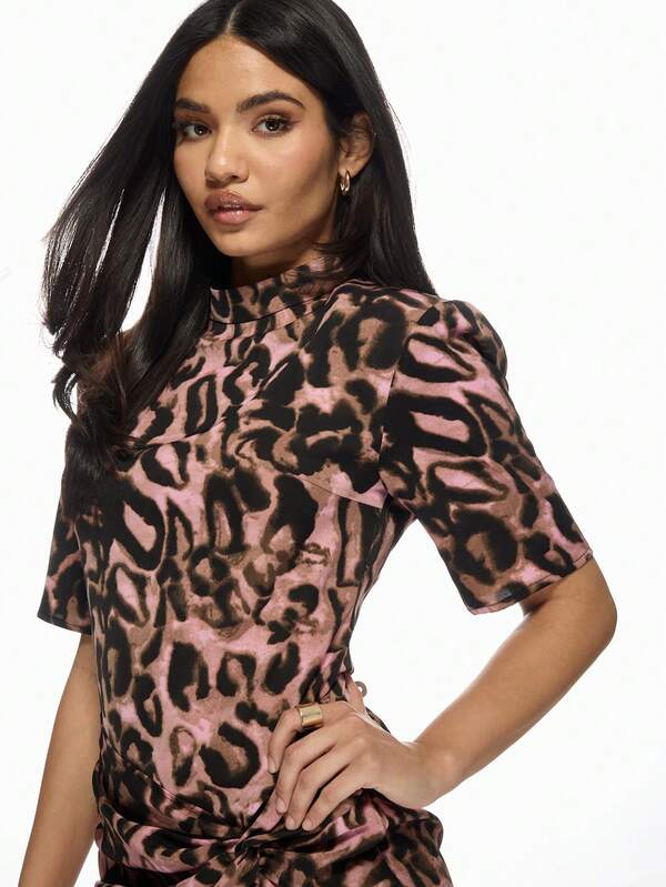 Missguided MISSGUIDED Leopard Print Bodycon Mini Dress High Neck Ruched Side