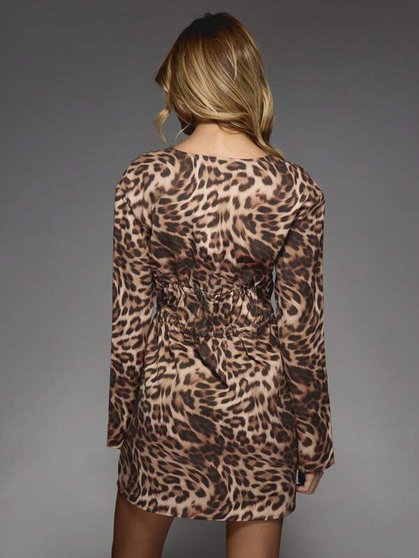 Missguided MISSGUIDED Leopard Print Bow Detail Front Plunge Neckline Denim Mini Dress
