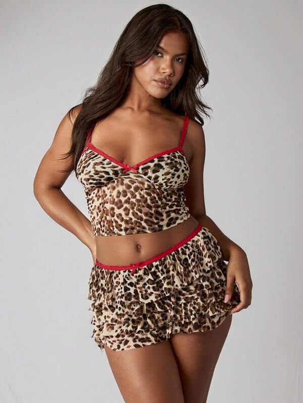 Missguided MISSGUIDED Leopard Print Crop Top And Tiered Ruffle Mini Skirt