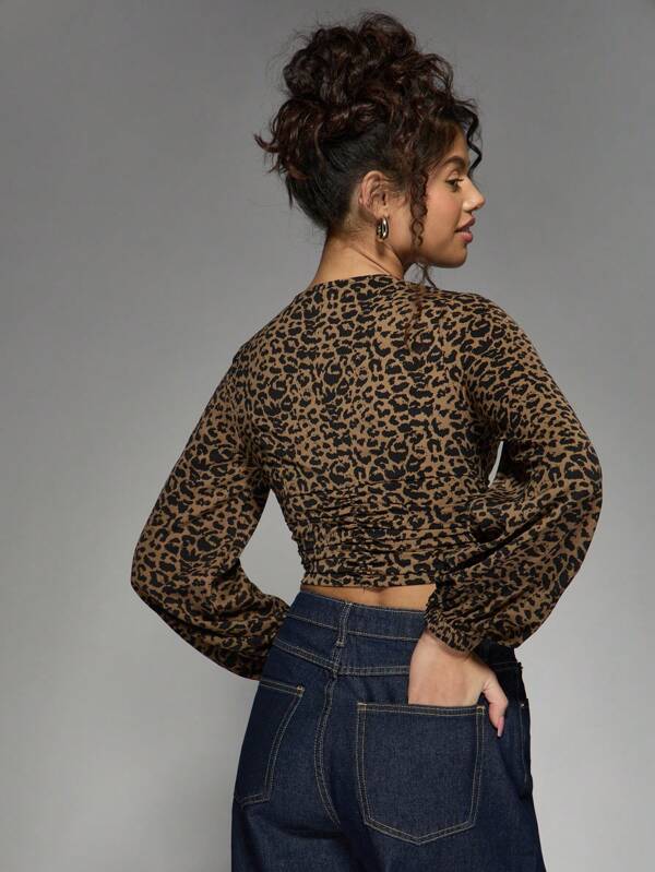 Missguided MISSGUIDED Leopard Print Deep V-Neck Ruched Wrap Long Sleeve Crop Top