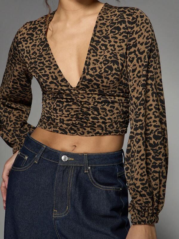 Missguided MISSGUIDED Leopard Print Deep V-Neck Ruched Wrap Long Sleeve Crop Top