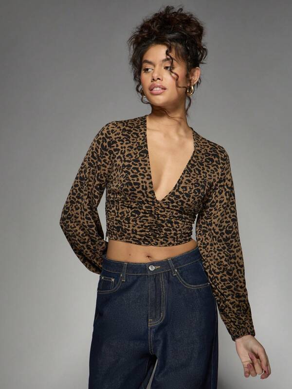 missguided MISSGUIDED Leopard Print Deep V-Neck Ruched Wrap Long Sleeve Crop Top