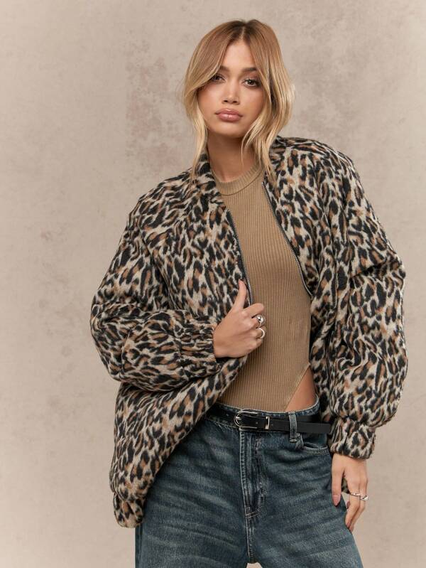 missguided MISSGUIDED Leopard Print Fuzzy Wool Blend Bomber Women Jackets