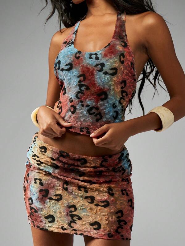 Missguided MISSGUIDED Leopard Print Halter Crop Top With Ruched Mini Skirt