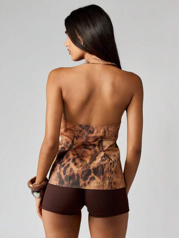 Missguided MISSGUIDED Leopard Print Halter Neck Pleated Top
