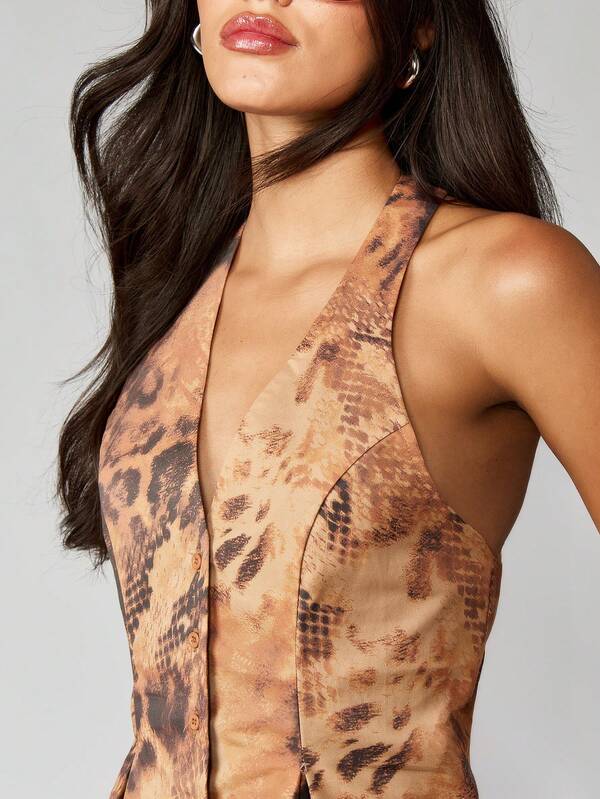 Missguided MISSGUIDED Leopard Print Halter Neck Pleated Top