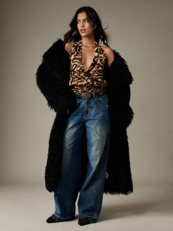 Missguided MISSGUIDED Leopard Print Halter Wrap Front Cowl Top