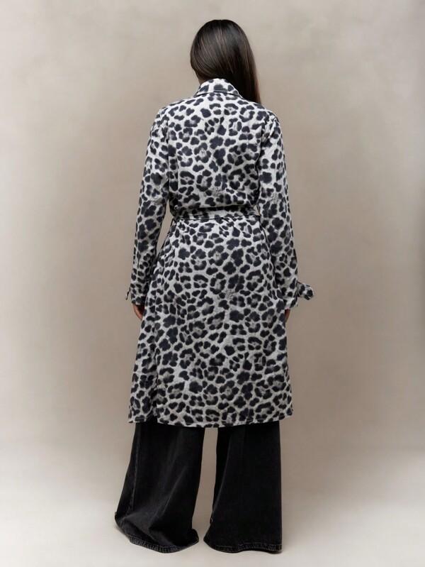 Missguided MISSGUIDED Leopard Print Lapel Collar Denim Long Jacket With Belt Winter Wear