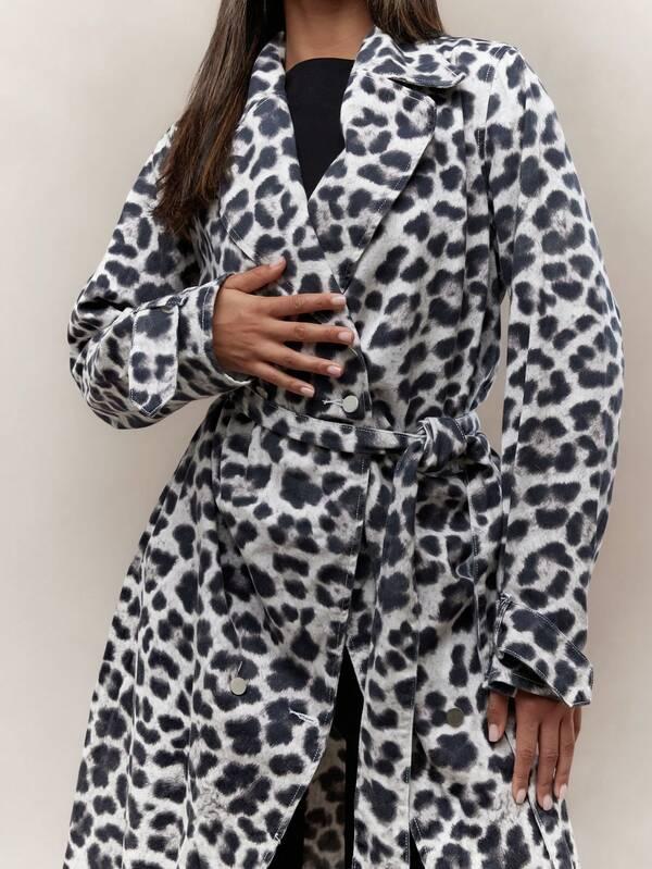 Missguided MISSGUIDED Leopard Print Lapel Collar Denim Long Jacket With Belt Winter Wear