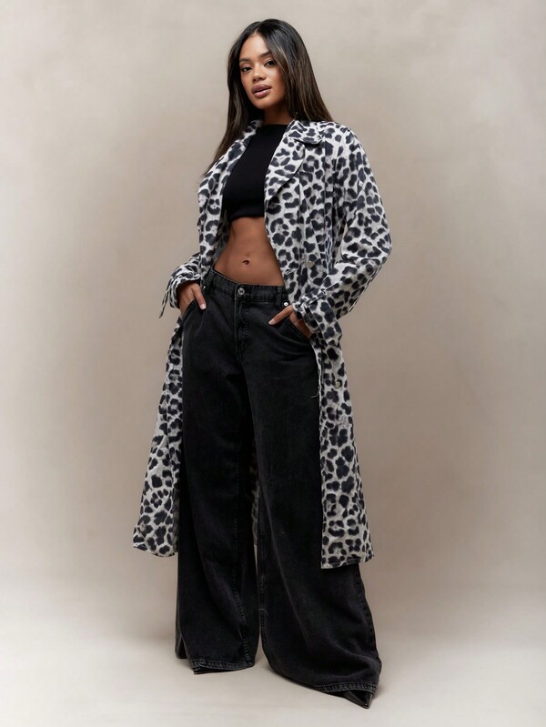 Missguided MISSGUIDED Leopard Print Lapel Collar Denim Long Jacket With Belt Winter Wear