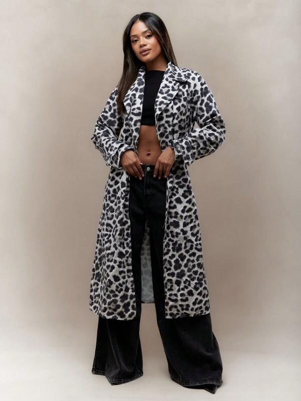 missguided MISSGUIDED Leopard Print Lapel Collar Denim Long Jacket With Belt Winter Wear