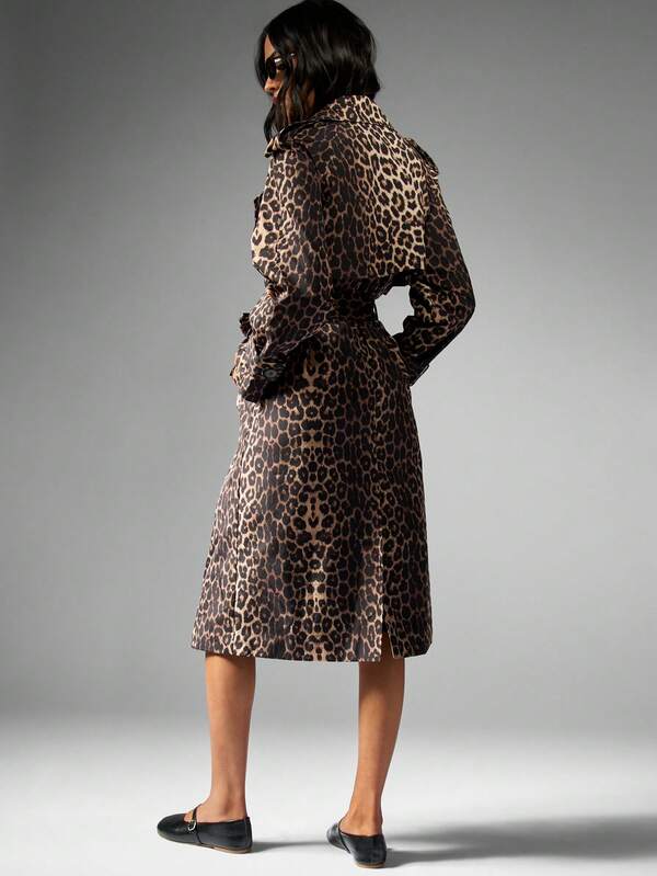 Missguided MISSGUIDED Leopard Print Long Belted Double Breasted Trench Coat
