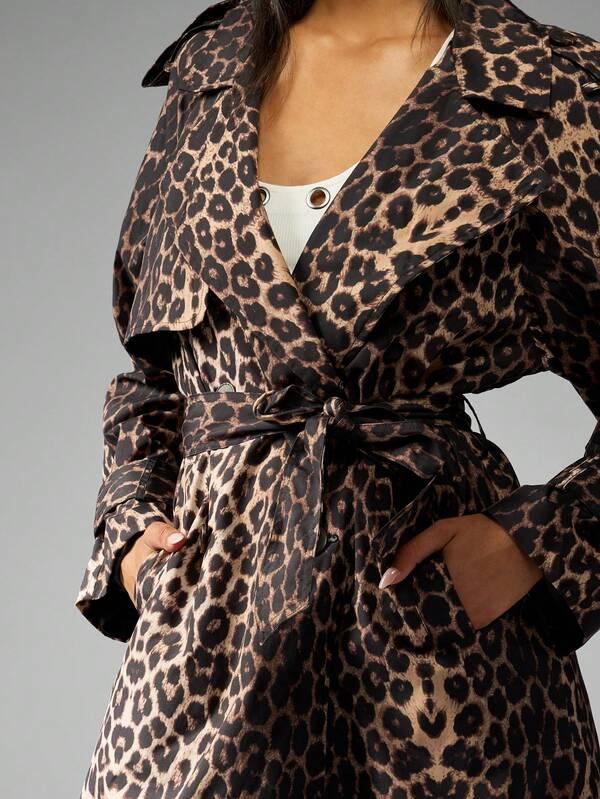 Missguided MISSGUIDED Leopard Print Long Belted Double Breasted Trench Coat