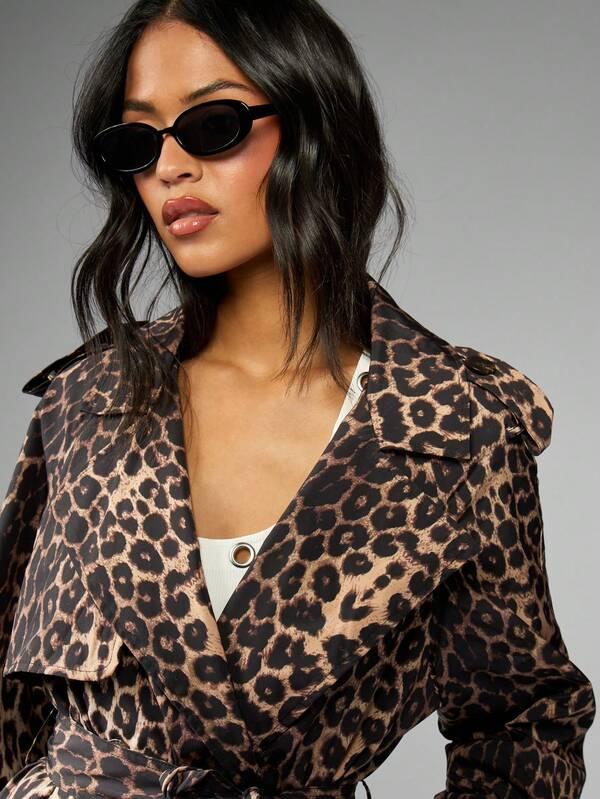 Missguided MISSGUIDED Leopard Print Long Belted Double Breasted Trench Coat