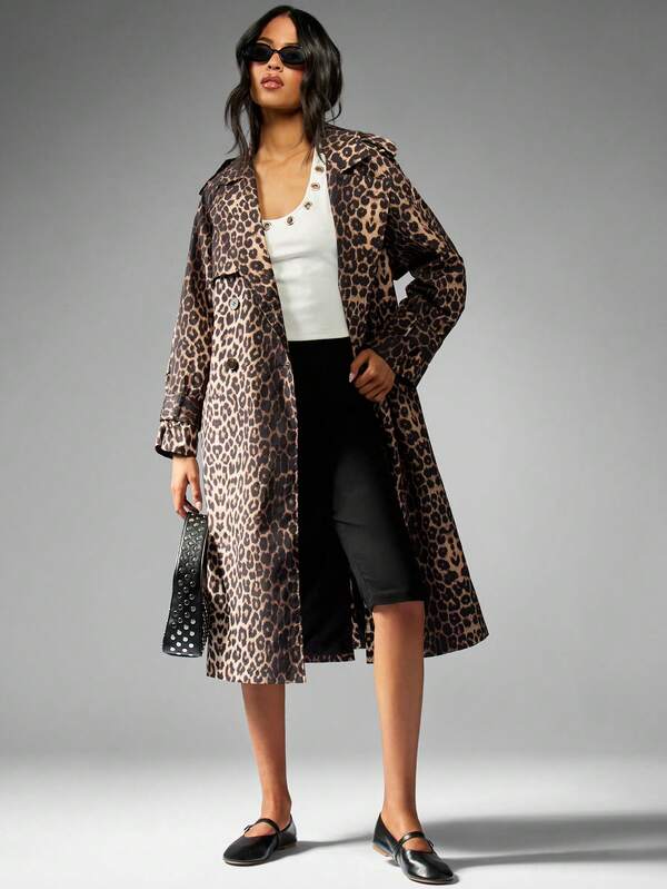 missguided MISSGUIDED Leopard Print Long Belted Double Breasted Trench Coat