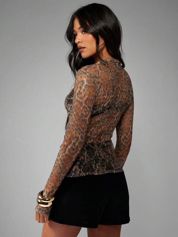 Missguided MISSGUIDED Leopard Print Long Sleeve High Neck Mesh Sheer Top