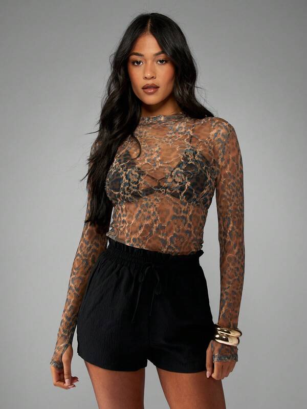Missguided MISSGUIDED Leopard Print Long Sleeve High Neck Mesh Sheer Top